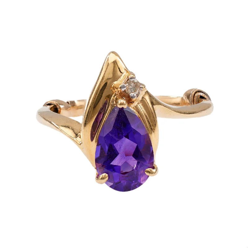 white gold engagement ring for women -Vintage Amethyst Diamond 14k Yellow Gold Ring