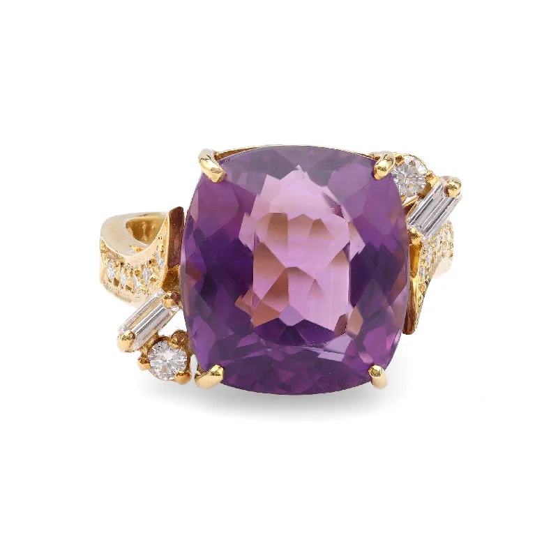 engraved wedding ring for women -Vintage Amethyst Diamond 18k Yellow Gold Ring