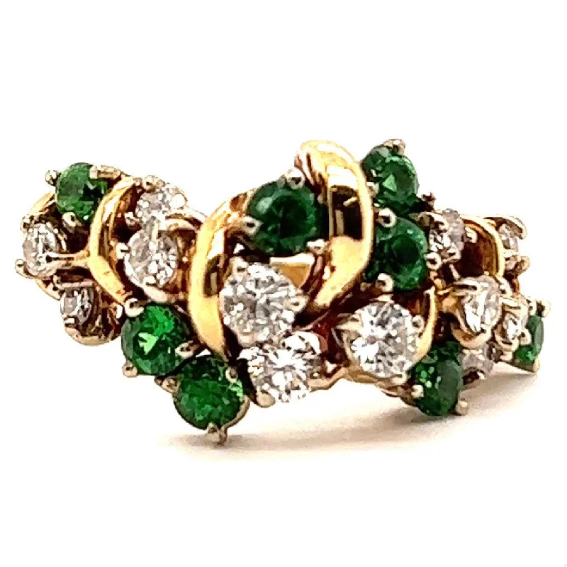 colorful gemstone ring for women -Vintage Diamond Tsavorite Garnet 14 Karat Yellow Gold Cluster Ring