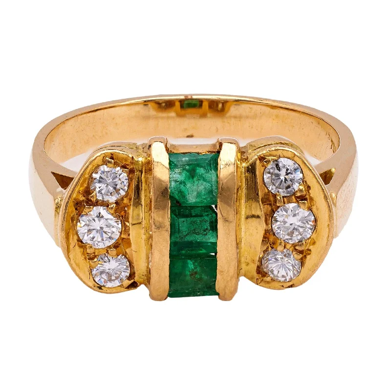 eternity ring for couples -Vintage Emerald and Diamond 18k Yellow Gold Ring