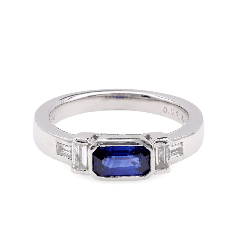 double band engagement ring for women -Vintage Emerald Cut Sapphire Diamond 18K White Gold Ring