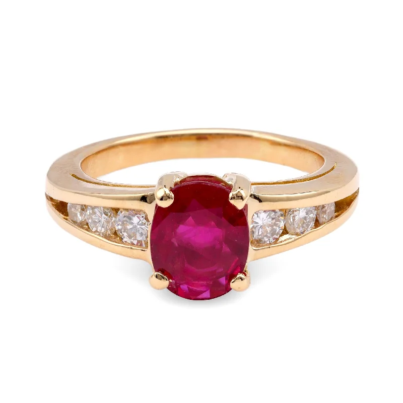 men’s black diamond ring -Vintage French GIA 1.56 Carat Burma Ruby Diamond 18K Yellow Gold Ring