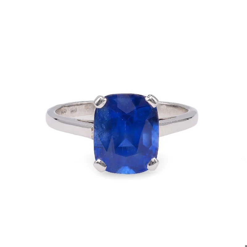 wedding ring set with diamonds -Vintage French GIA 4.24 Carat Ceylon Sapphire 18k White Gold Solitaire Ring