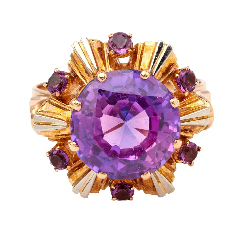 couple's matching ring set -Vintage French Reddish Purple Synthetic Sapphire 18k Yellow Gold Cocktail Ring