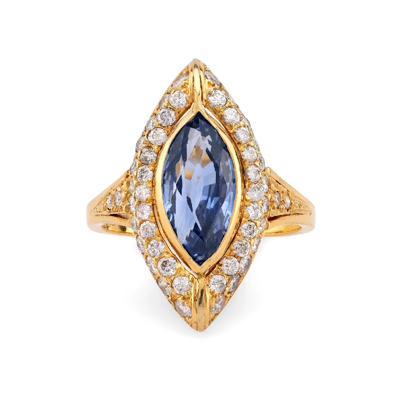 sapphire wedding band for women -Vintage GIA 2.82 Carat Sapphire Diamond 18K Yellow Gold Navette Ring