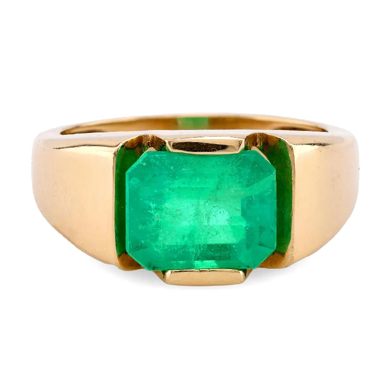 wedding ring with colored stones -Vintage GIA 3.5 Carat Octagonal Cut Emerald 14K Yellow Gold Bezel Ring