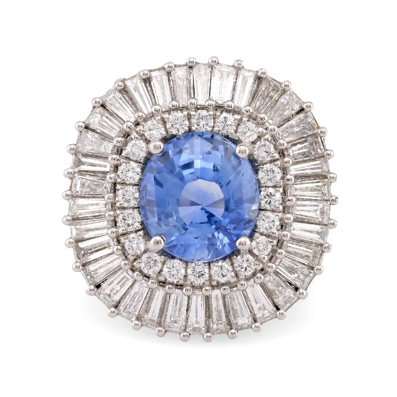 white gold engagement ring for women -Vintage GIA 6.25 Carat No Heat Sapphire Diamond Platinum Cocktail Ring