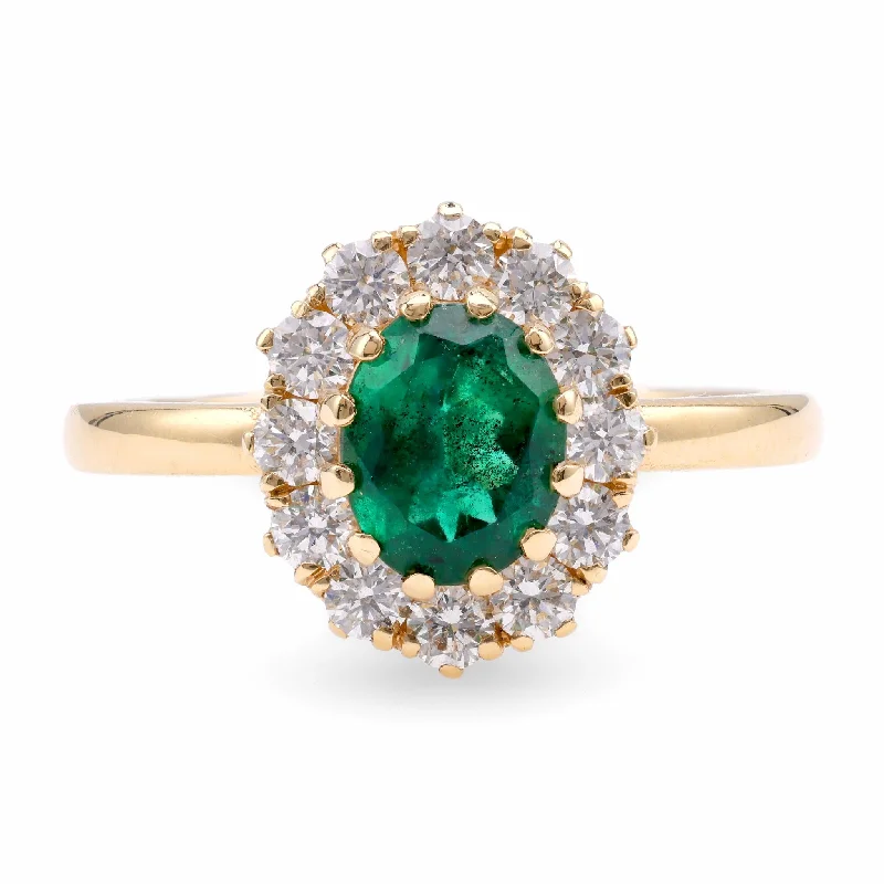 gold eternity ring for women -Vintage Inspired Emerald Diamond 18K Yellow Gold Ring Cluster Ring