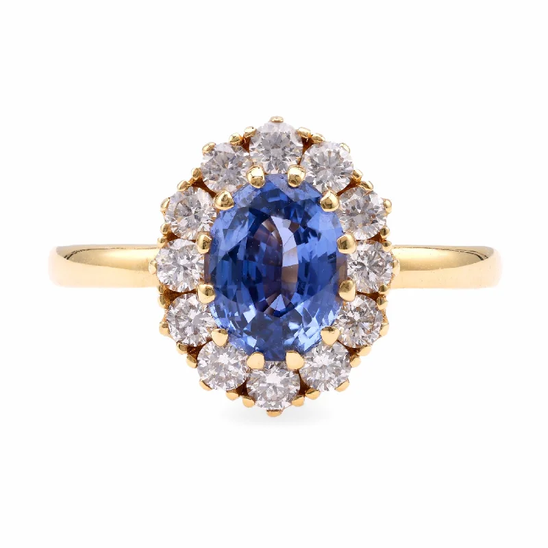 engraved wedding ring for women -Vintage Inspired Sapphire Diamond 18K Yellow Gold Cluster Ring