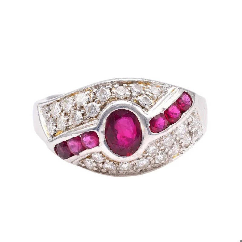 wedding ring with side stones -Vintage Italian Ruby and Diamond 18k White Gold Ring