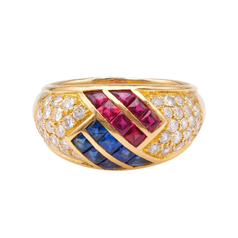 stackable gold rings for women -Vintage Mauboussin French Ruby, Sapphire, and Diamond 18k Yellow Gold Dome Ring