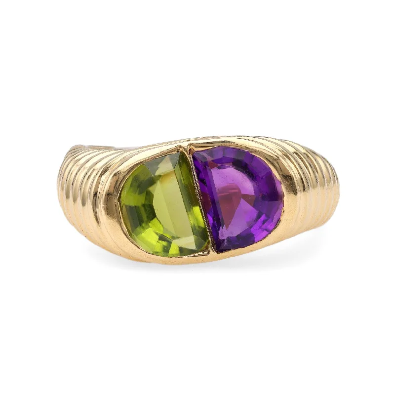 silver band ring for men -Vintage Peridot Amethyst 18k Yellow Gold Ring