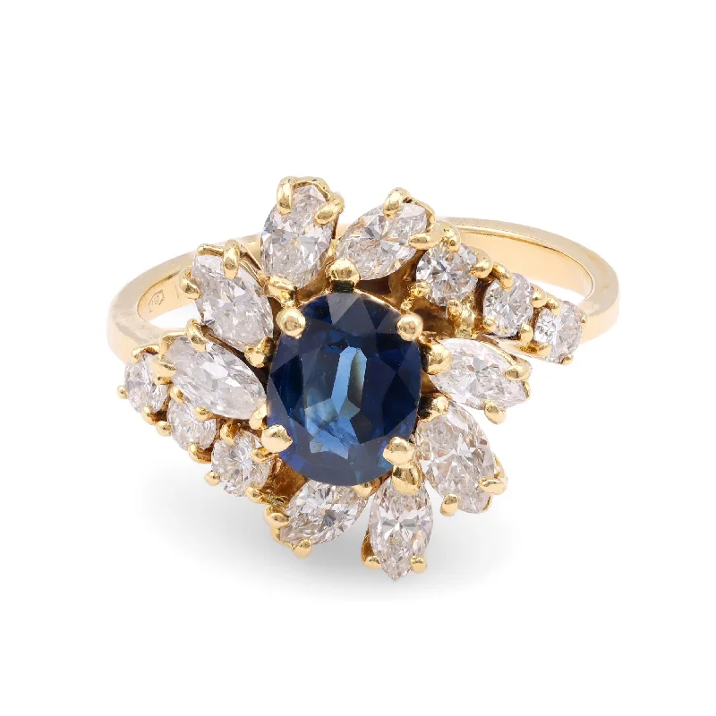 simple silver band ring for women -Vintage Sapphire Diamond 18K Yellow Gold Cluster Ring