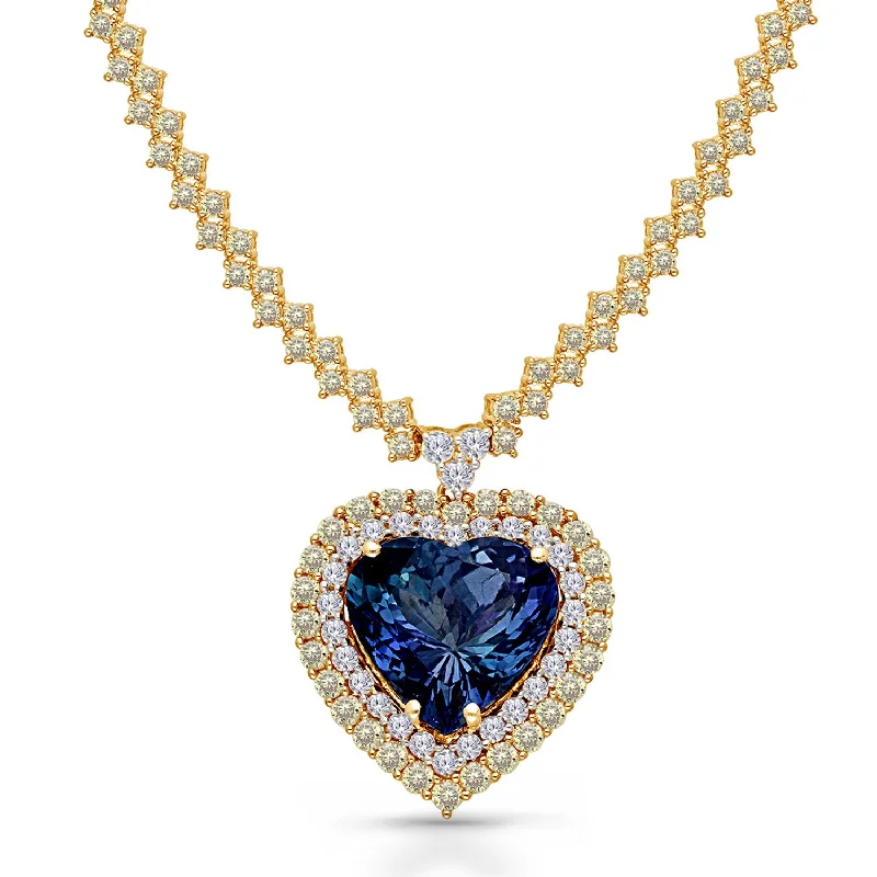 vintage style pendant necklace for women -Yellow Gold Non Heat Tanzanite with White & Fancy Diamond Renaissance Necklace