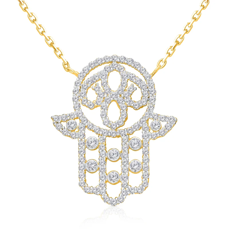 gold choker necklace for layering -Yellow Gold White Diamond Hamsa Necklace