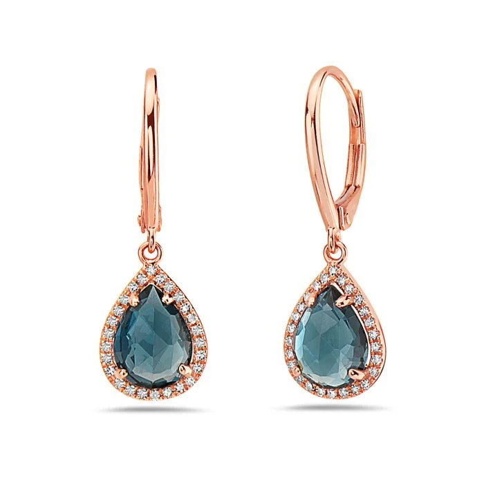 Long crystal earrings for formal outfits -14K Rose Gold Pear Shape Blue Topaz And Diamond Earring