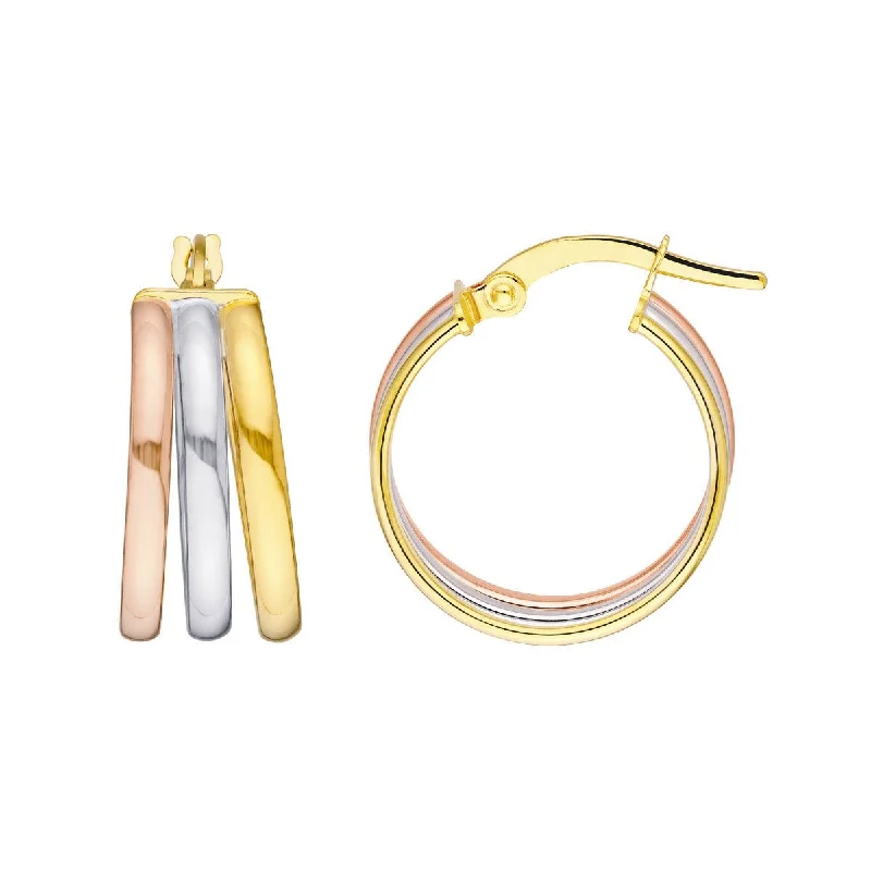 Statement gold earrings for upscale events -14K Tri Color Gold 15.00mm Round Triple Hoop Earrings