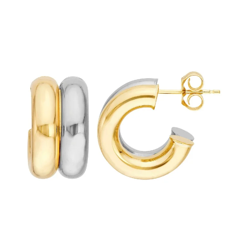 Sparkling stud earrings for night events -14K Two Tone Gold 15.00mm Small Double Open Hoop Earrings