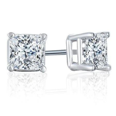 Silver hoop earrings for casual elegance -Princess Cut Diamond Stud Earrings 1 Carat 14K White Gold