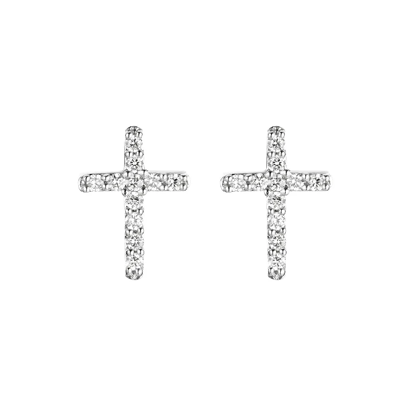 Small hoop earrings for minimalist fashion -14K White Gold Cross Diamond Earring Stud