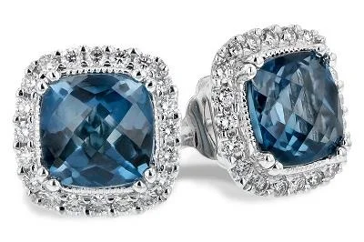 Fashionable silver stud earrings for versatile style -14K White Gold Cushion Cut Topaz and Diamond Halo Stud Earrings