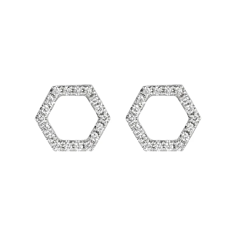 Silver drop earrings for elegant style -14K White Gold Diamond Hexagonal Shape Earring Stud