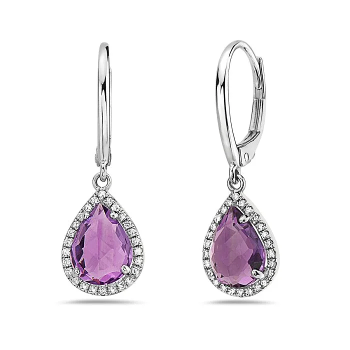 Butterfly-shaped gold earrings for casual wear -14K White Gold Pear Shape Amethyst And Diamond Earring