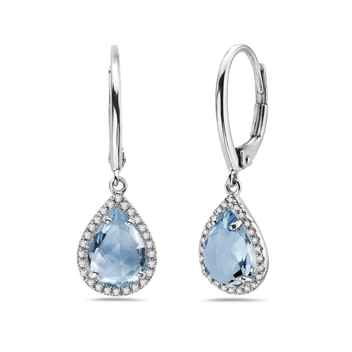 Chic gold hoop earrings for evening events -14K White Gold Pear Shape Blue Topaz And Diamond Earring