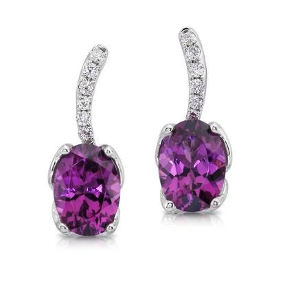 Feminine flower earrings for soft style -Purple Garnet And Diamond Drop Earrings 14K White Gold