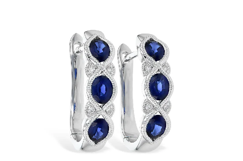 Gold drop earrings for classic looks -14K White Gold Vintage Inspired Oval Blue Sapphire & Diamond Huggie Earrings