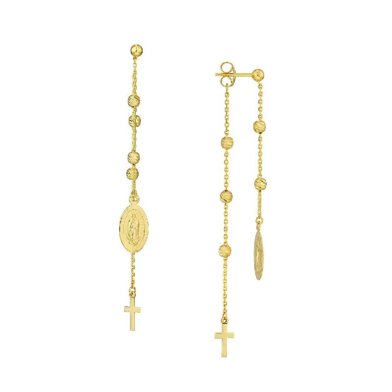 Cute animal-shaped drop earrings for playful charm -14K Yellow Gold Cross/Virgin Mary Drop Earrings