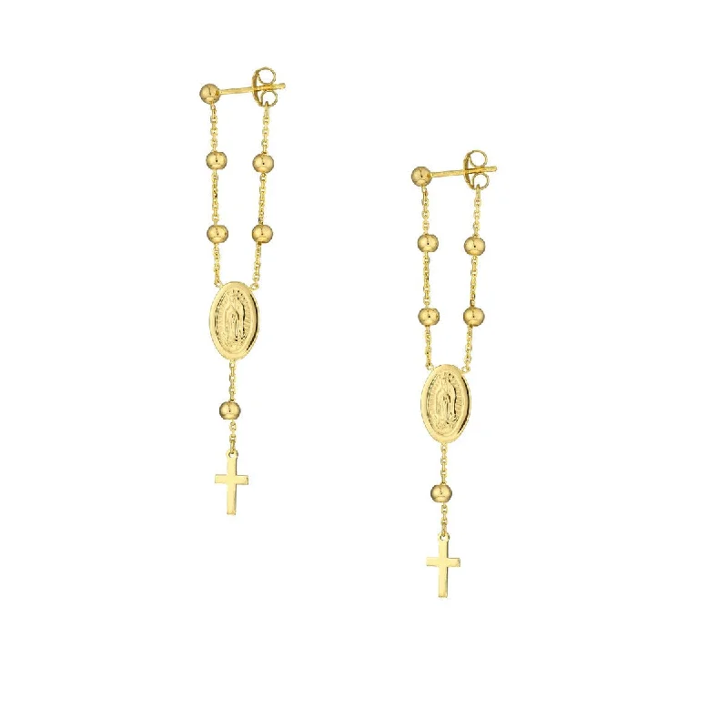 Crystal stud earrings for evening glamour -14K Yellow Gold Cross/Virgin Mary Front to Back Earrings