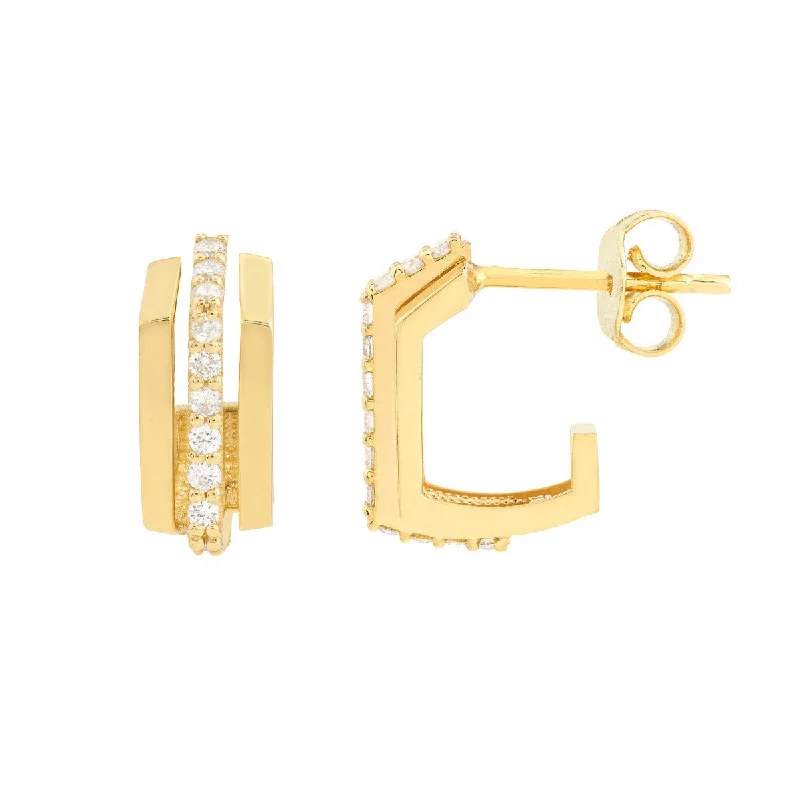 Abstract gold earrings for artistic fashion -14K Yellow Gold Diamond J Hoop Earrings