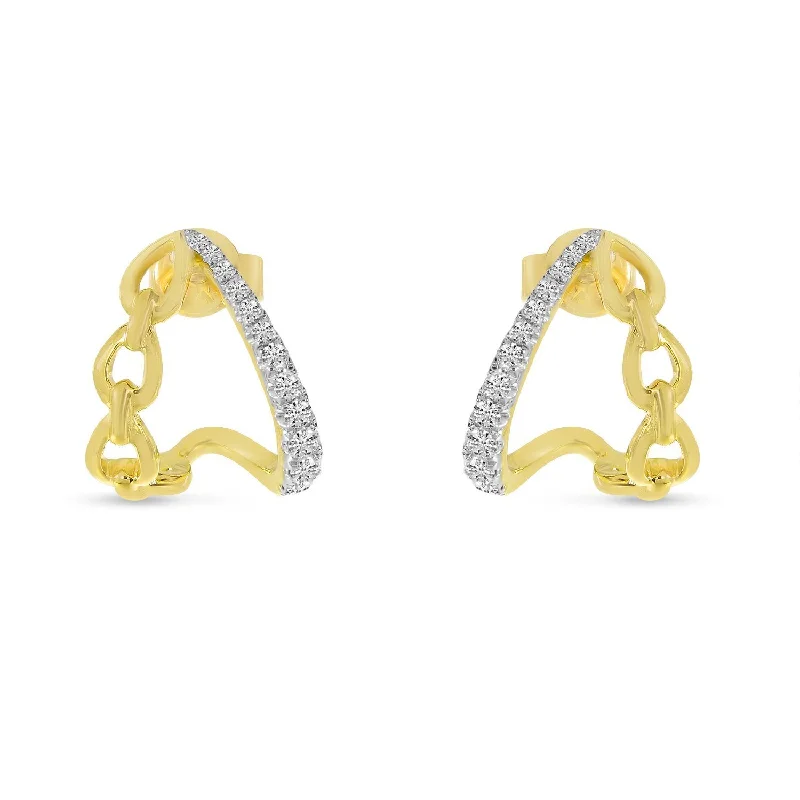 Silver stud earrings with cubic zirconia -14K Yellow Gold Diamond & Link Split Huggie Earrings