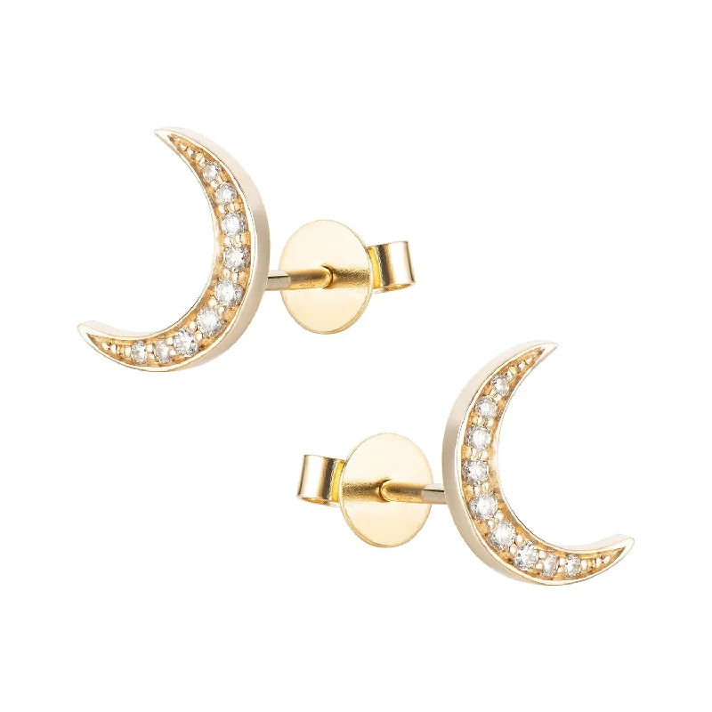 Trendy ear cuffs for fashion-forward women -14K Yellow Gold Diamond Moon Shape Earring Stud