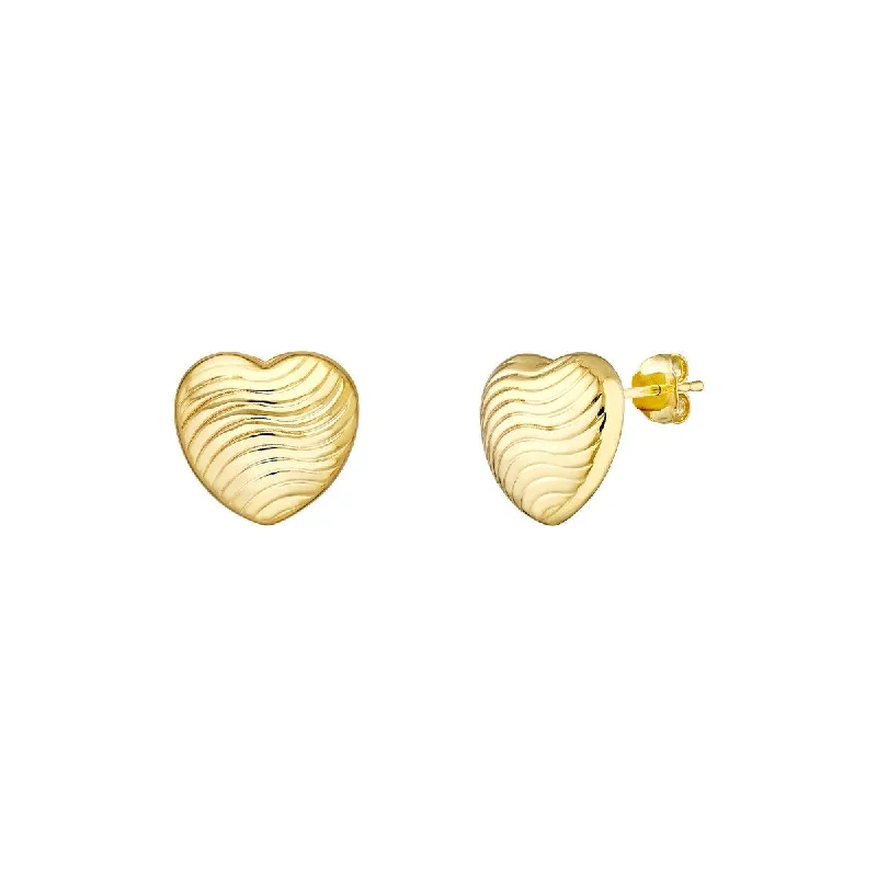 Abstract gold earrings for artistic fashion -14K Yellow Gold Heart Wave Pattern Stud Earrings