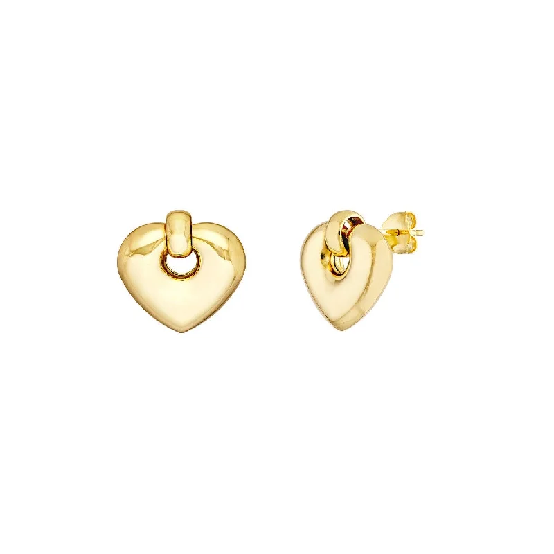 Simple gold earrings for minimalist style -14K Yellow Gold Puff Heart Door Knocker Dangle Earrings