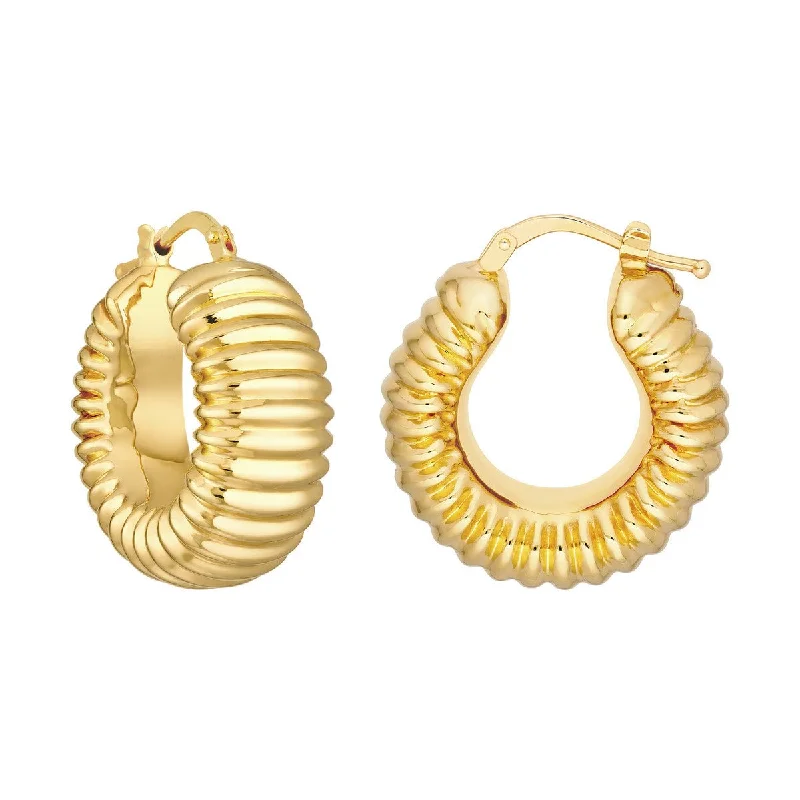 Luxury drop earrings with diamonds -14K Yellow Gold Puff Ribbed Hoop Earrings