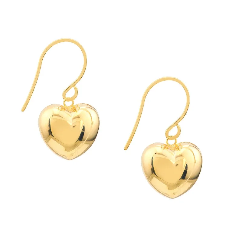 Long crystal earrings for formal outfits -14K Yellow Gold Puffed Heart Fish Hook Earrings