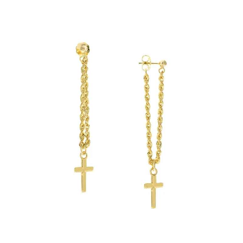 Trendy gold earrings for fashionable women -14K Yellow Gold Rope Chain with Cross Front to Back Earrings