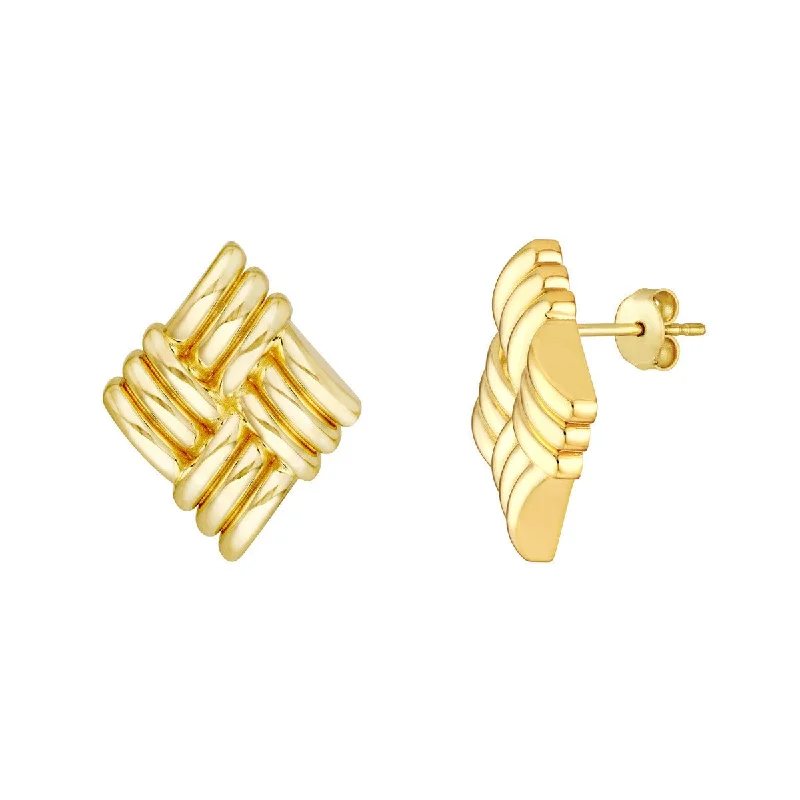 Luxury gold earrings for high-end fashion -14K Yellow Gold Square Lattice Pattern Stud Earrings