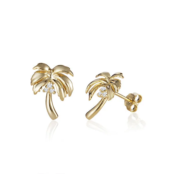 Chic pearl drop earrings for elegant outfits -14K Yellow Gold Diamond Palm Tree Studs