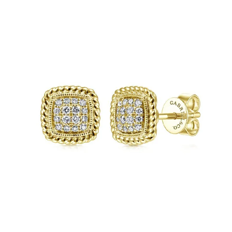 Oversized earrings for dramatic impact -14K Yellow Gold Pave Diamond Stud Earrings with Twisted Rope Frame