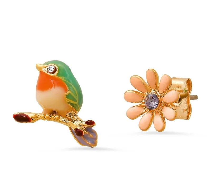 Simple gold earrings for minimalist style -Enamel Bird and Flower Mismatch Studs