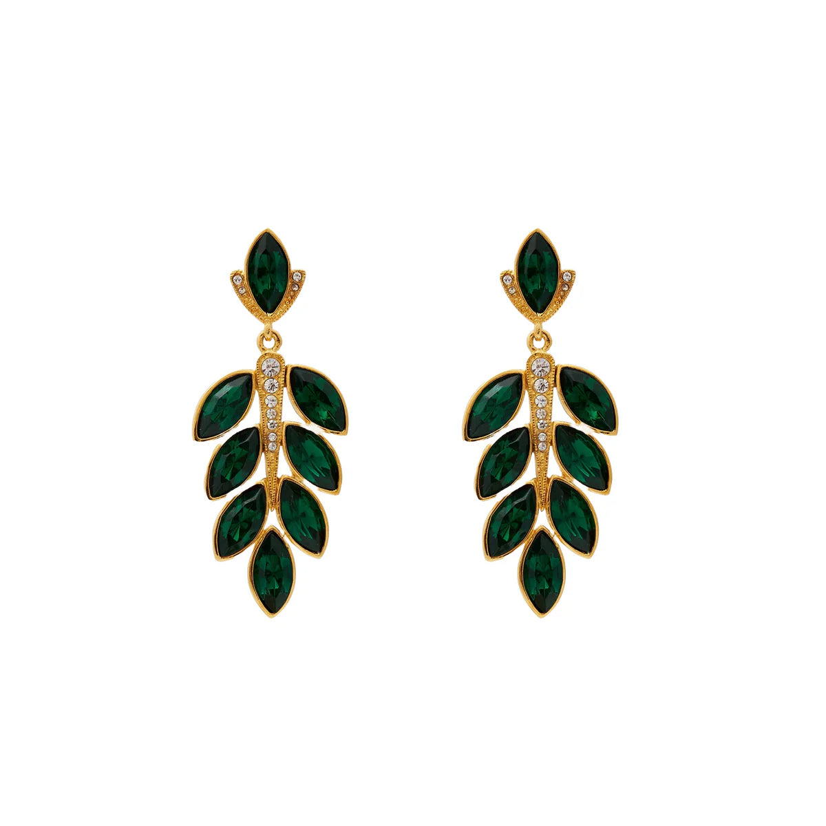 Feminine flower earrings for soft style -Gold & Emerald Leave Post