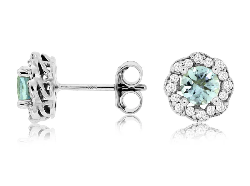 Luxury gold earrings for high-end fashion -14K White Gold Aquamarine and Diamond Studs