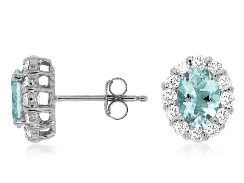 Fashionable ear cuffs with diamonds -14K White Gold Aquamarine and Diamond Studs