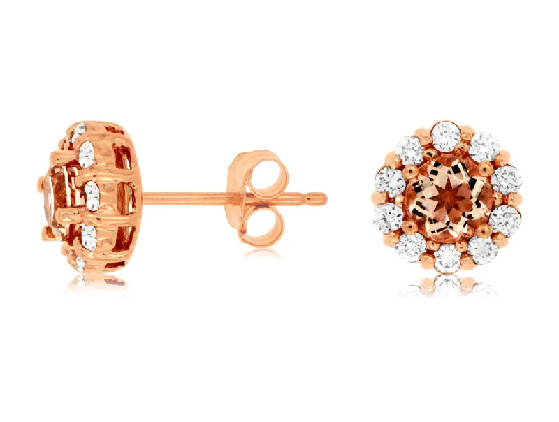 Geometric hoop earrings for trendy women -14KT PG .40CTW(R)MORGANITE/PAVE DIAMOND STUDS(R.70CTW MORG)