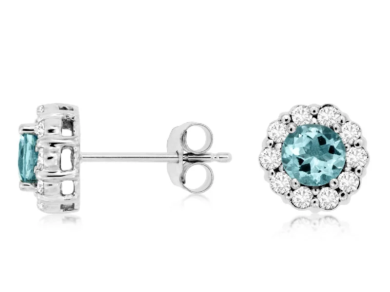 Handmade silver earrings for custom designs -14K White Gold Round Aquamarine and Diamond Halo Stud Earring