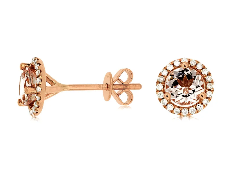 Minimalist earrings for subtle beauty -14KT PG .16CTW(R)MORGANITE/PAVE DIAMOND STUDS(R1.10CTW MORG)